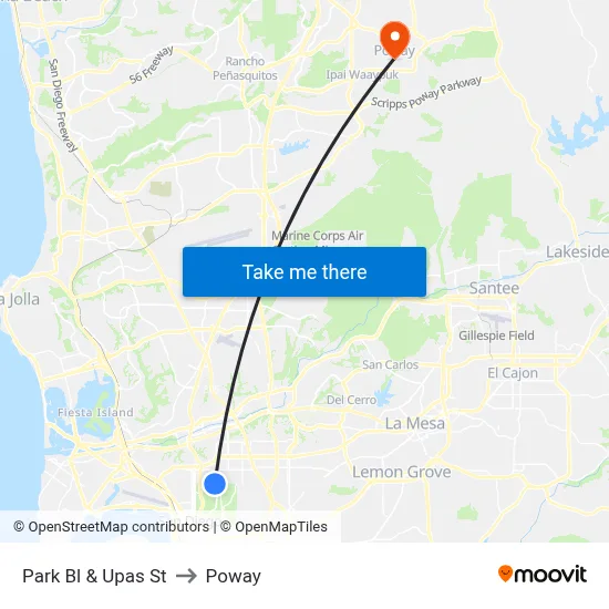 Park Bl & Upas St to Poway map