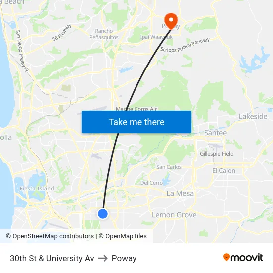 30th St & University Av to Poway map
