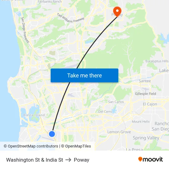Washington St & India St to Poway map