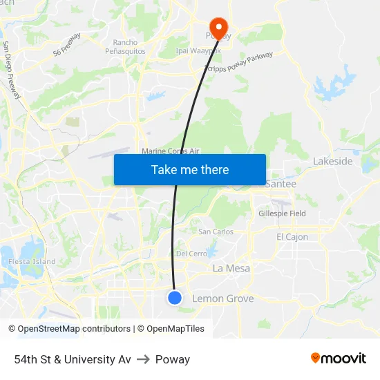 54th St & University Av to Poway map