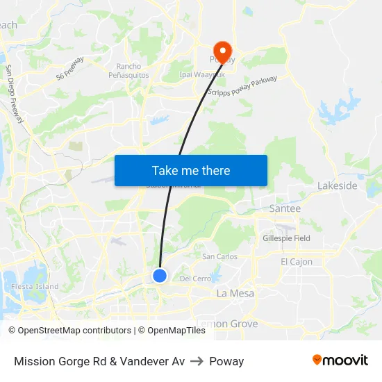 Mission Gorge Rd & Vandever Av to Poway map