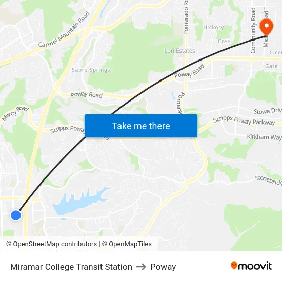 Miramar College Transit Station to Poway map