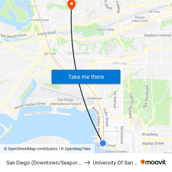 San Diego (Downtown/Seaport Village) to University Of San Diego map