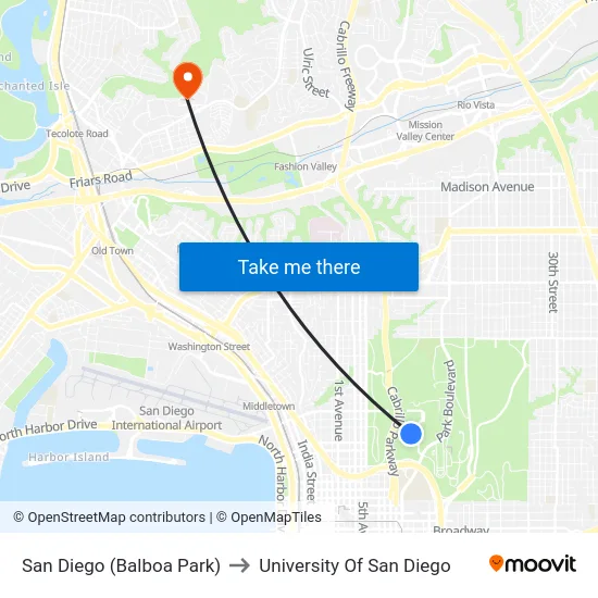 San Diego (Balboa Park) to University Of San Diego map