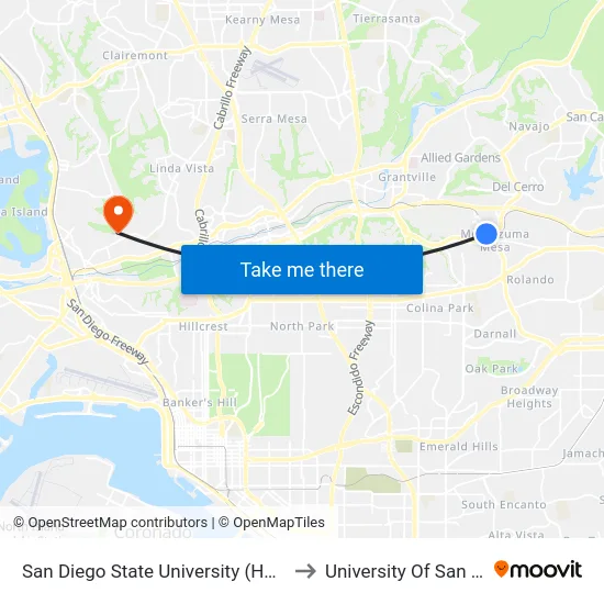 San Diego State University (Hardy Ave) to University Of San Diego map