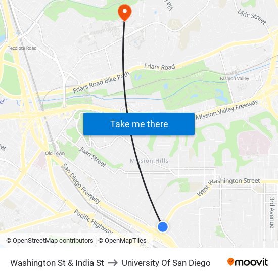 Washington St & India St to University Of San Diego map