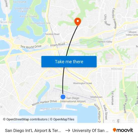 San Diego Int'L Airport & Terminal 1 to University Of San Diego map