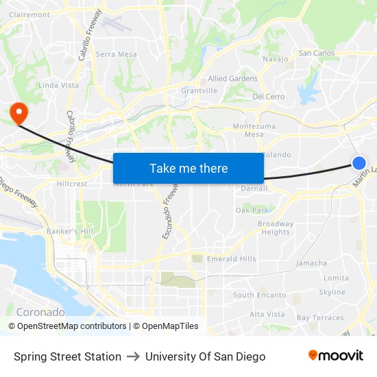 Spring Street Station to University Of San Diego map