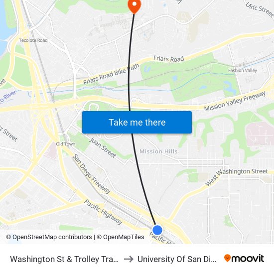 Washington St & Trolley Tracks to University Of San Diego map