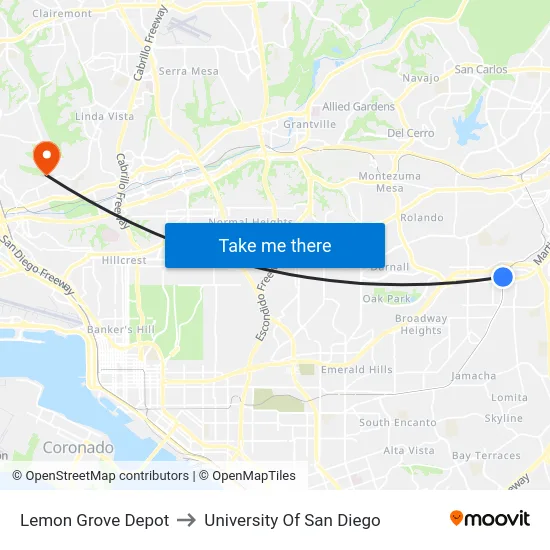 Lemon Grove Depot to University Of San Diego map