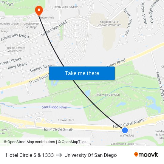 Hotel Circle S & 1333 to University Of San Diego map