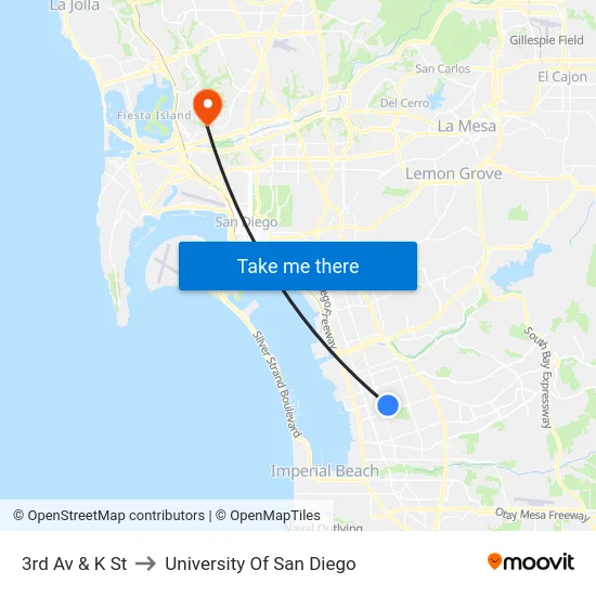 3rd Av & K St to University Of San Diego map