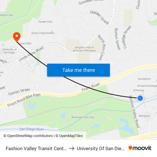 Fashion Valley Transit Center to University Of San Diego map