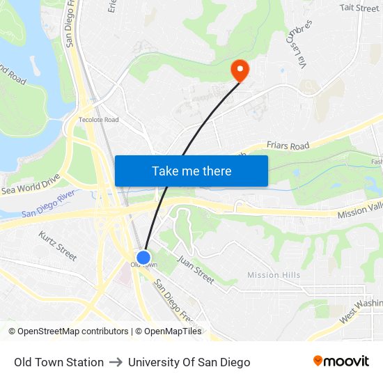 Old Town Station to University Of San Diego map