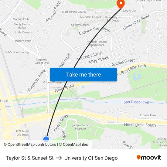 Taylor St & Sunset St to University Of San Diego map