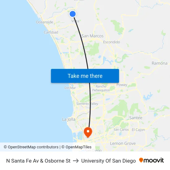 N Santa Fe Av & Osborne St to University Of San Diego map