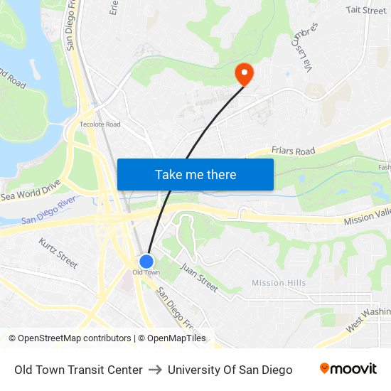 Old Town Transit Center to University Of San Diego map