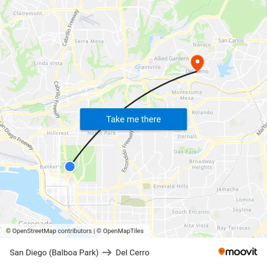 San Diego (Balboa Park) to Del Cerro map