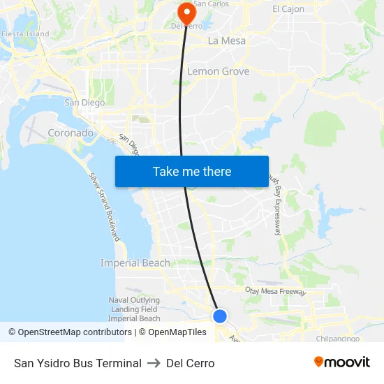 San Ysidro Bus Terminal to Del Cerro map