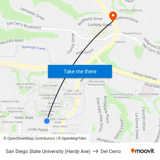 San Diego State University (Hardy Ave) to Del Cerro map