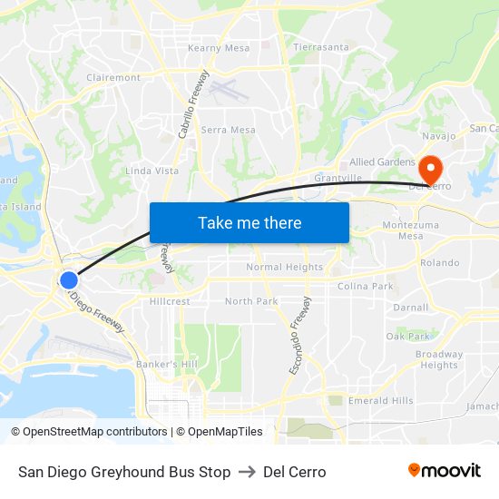 San Diego Greyhound Bus Stop to Del Cerro map