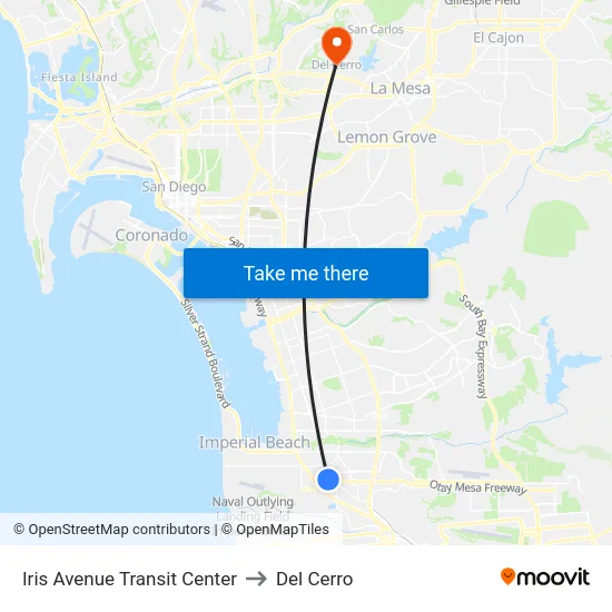 Iris Avenue Transit Center to Del Cerro map