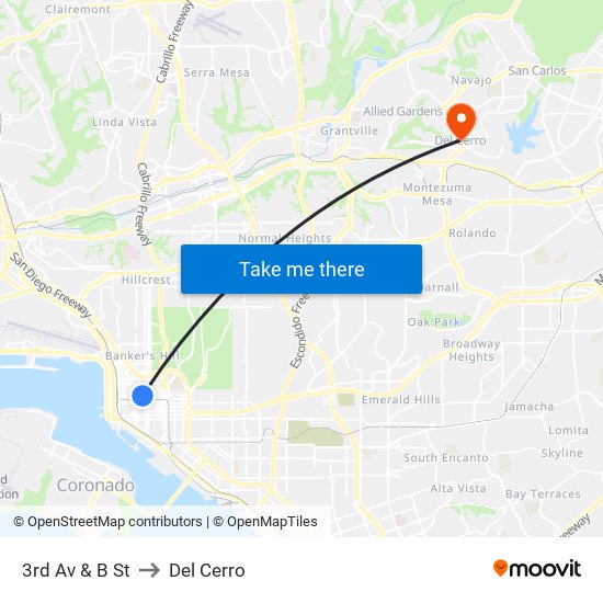 3rd Av & B St to Del Cerro map