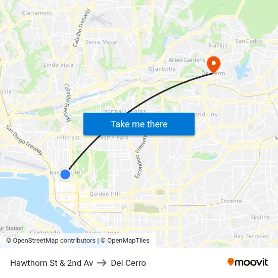Hawthorn St & 2nd Av to Del Cerro map