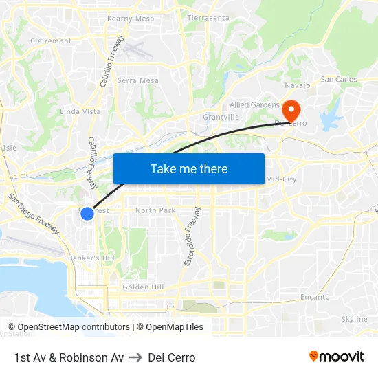 1st Av & Robinson Av to Del Cerro map