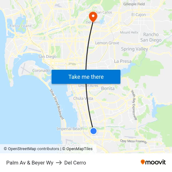 Palm Av & Beyer Wy to Del Cerro map