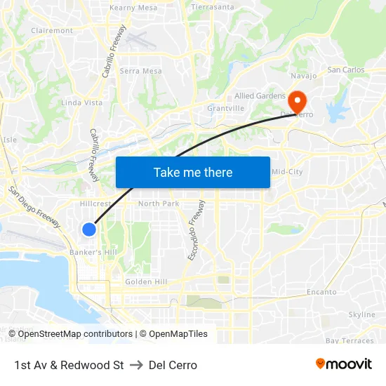 1st Av & Redwood St to Del Cerro map