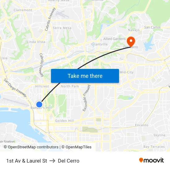 1st Av & Laurel St to Del Cerro map