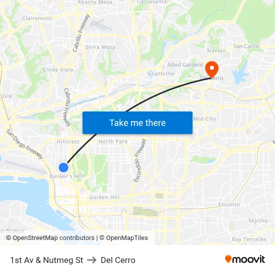 1st Av & Nutmeg St to Del Cerro map