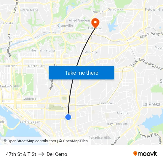 47th St & T St to Del Cerro map