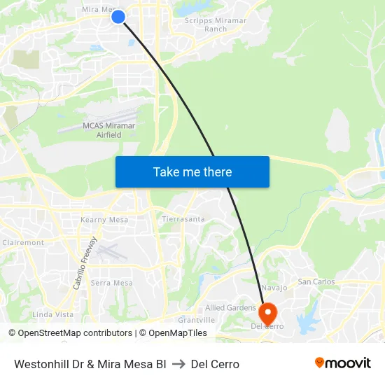 Westonhill Dr & Mira Mesa Bl to Del Cerro map
