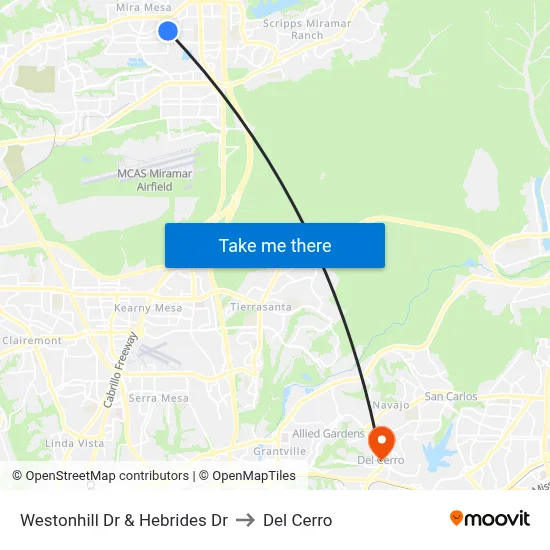 Westonhill Dr & Hebrides Dr to Del Cerro map