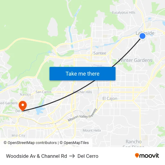 Woodside Av & Channel Rd to Del Cerro map