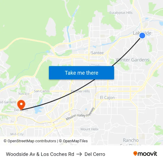 Woodside Av & Los Coches Rd to Del Cerro map