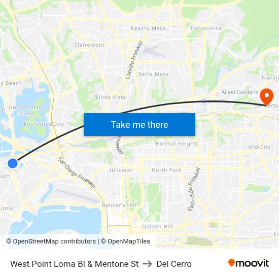 West Point Loma Bl & Mentone St to Del Cerro map