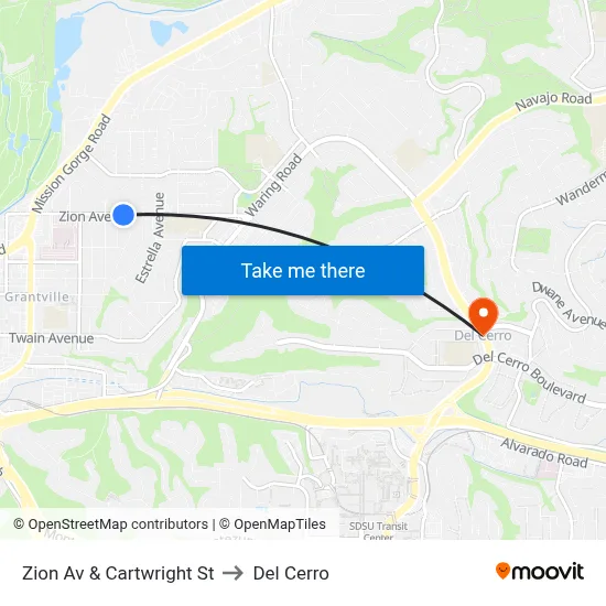 Zion Av & Cartwright St to Del Cerro map