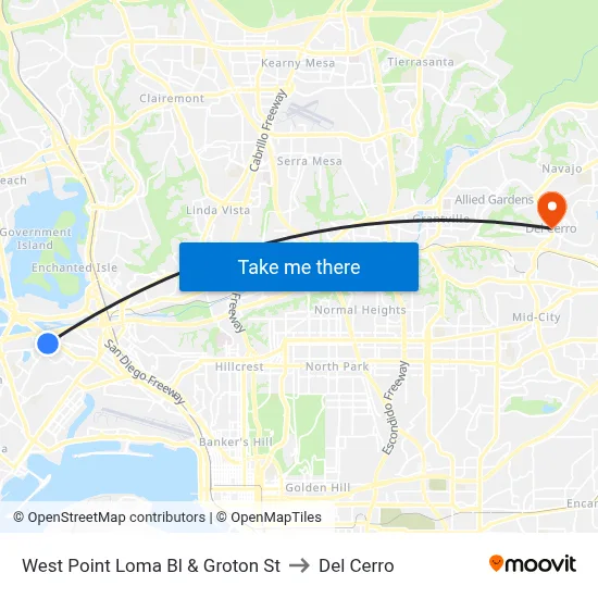 West Point Loma Bl & Groton St to Del Cerro map