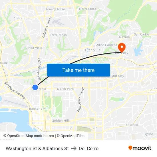 Washington St & Albatross St to Del Cerro map