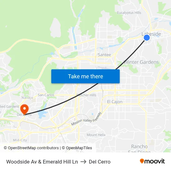 Woodside Av & Emerald Hill Ln to Del Cerro map