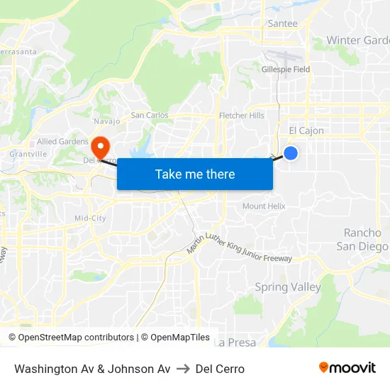 Washington Av & Johnson Av to Del Cerro map