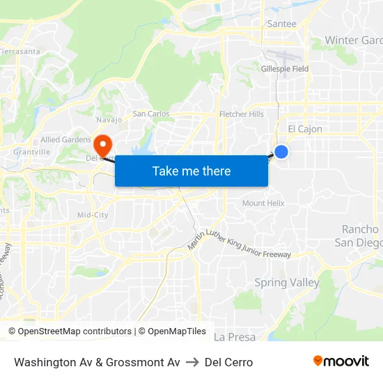 Washington Av & Grossmont Av to Del Cerro map