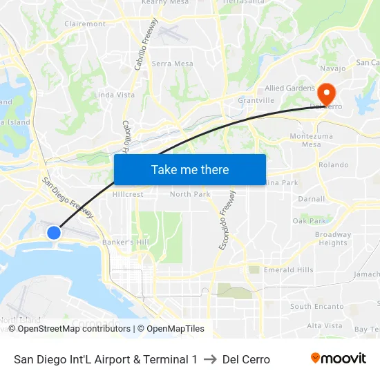 San Diego Int'L Airport & Terminal 1 to Del Cerro map