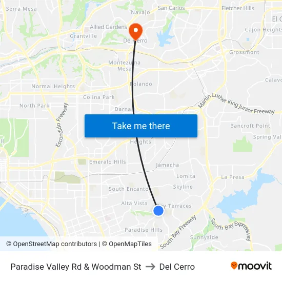 Paradise Valley Rd & Woodman St to Del Cerro map