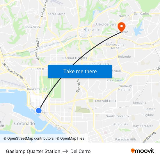 Gaslamp Quarter Station to Del Cerro map