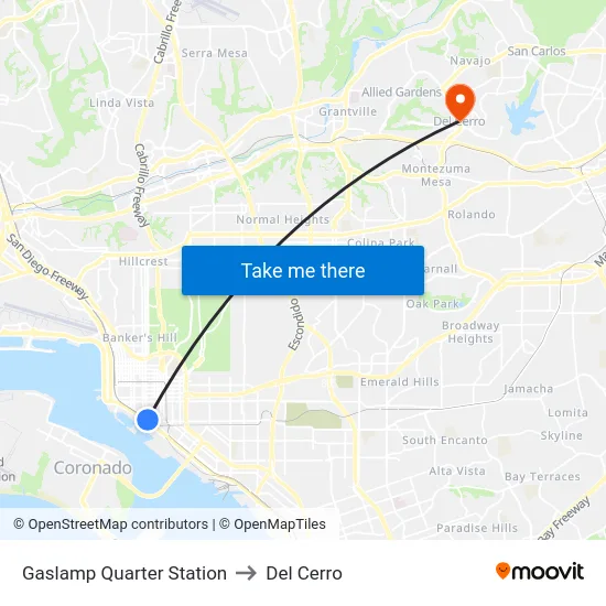 Gaslamp Quarter Station to Del Cerro map
