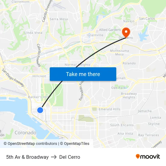 5th Av & Broadway to Del Cerro map